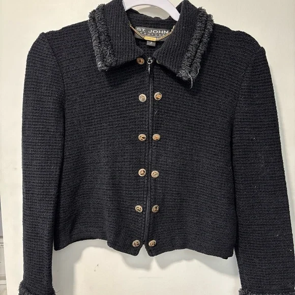 St. John Couture by Marie Gray Black Tweed Crop Sweater Jacket Cheetah Collar 2 - Picture 1 of 11